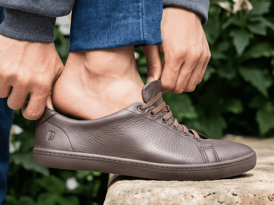 A person adjusting the heel of a brown leather Birchbury sneaker while standing on a stone ledge, surrounded by white flowering shrubs, with the other sneaker visible in the foreground.