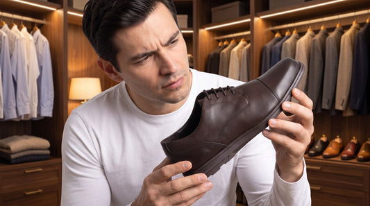 a young man holding a leather shoe while he is looking closer to it as if he is examining the details of the shoe