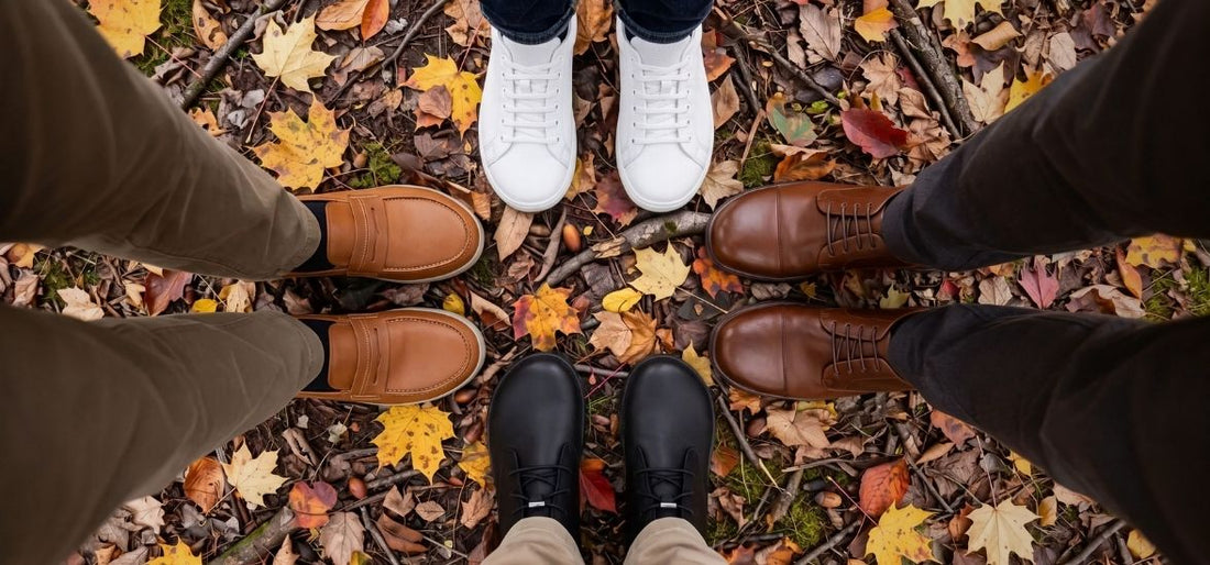 a top down shot of four people's legs wearing different pairs of birchbury shoes