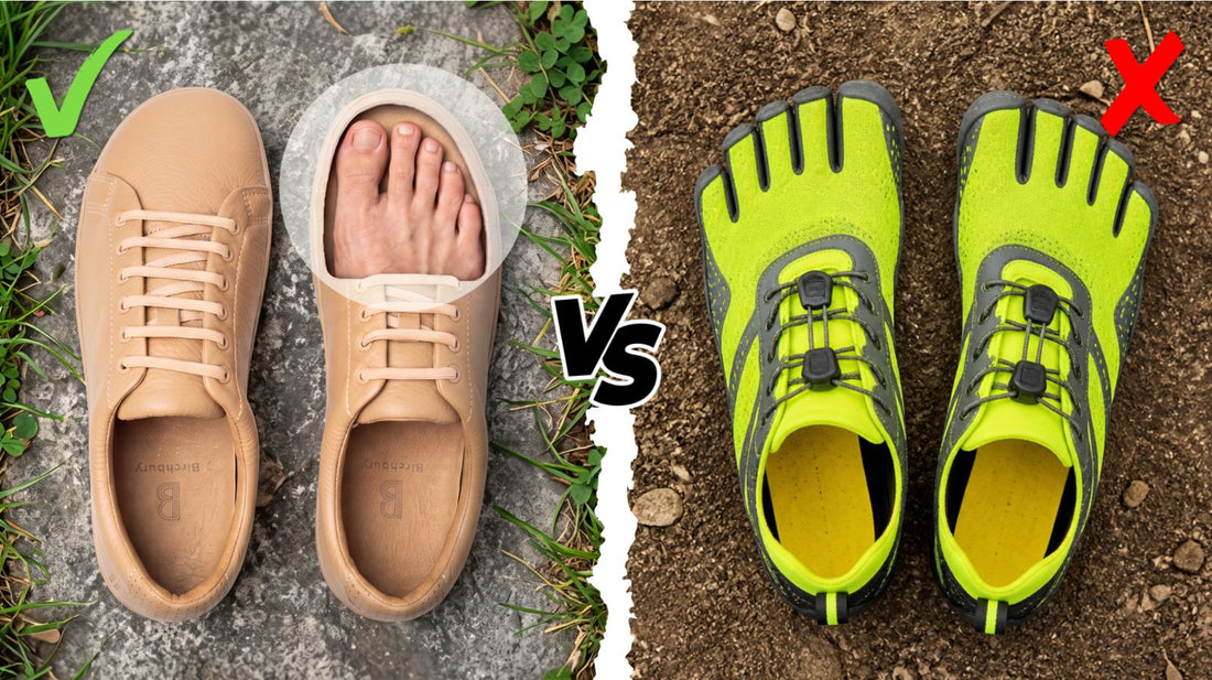 side-by-side comparison between birchbury bramfords looking stylish vs another barefoot shoe that look like neon duck feet