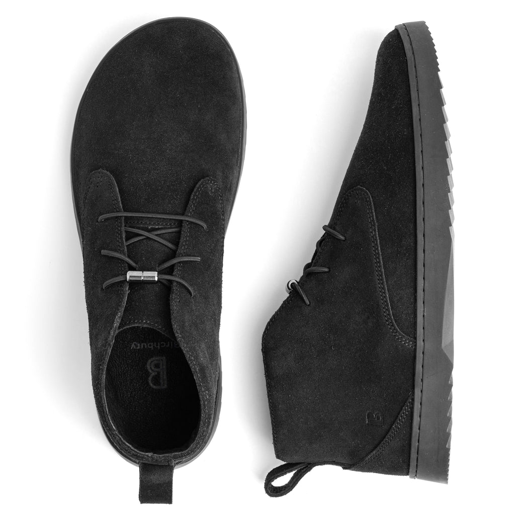Birchbury black suede chukka boot, top and side view