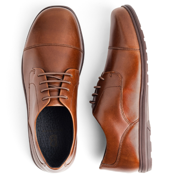 Top-down and side profile views of burgundy leather Birchbury minimalist dress shoes on a white background.